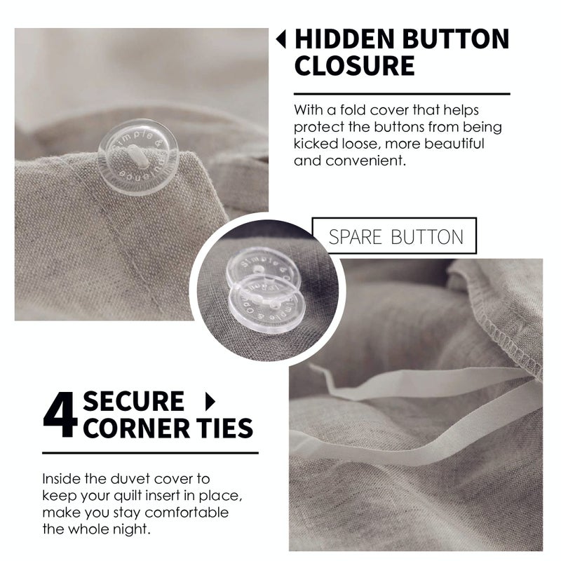Simple&Opulence 100% Linen Duvet Cover Set 3pcs Basic Style Natural French Washed Flax Solid Color Soft Breathable Farmhouse Bedding with Button Closure - Linen, Full - Image 3